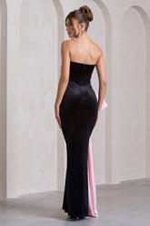 Black Velvet Bandeau Split Maxi Dress With Oversized Pink Bow